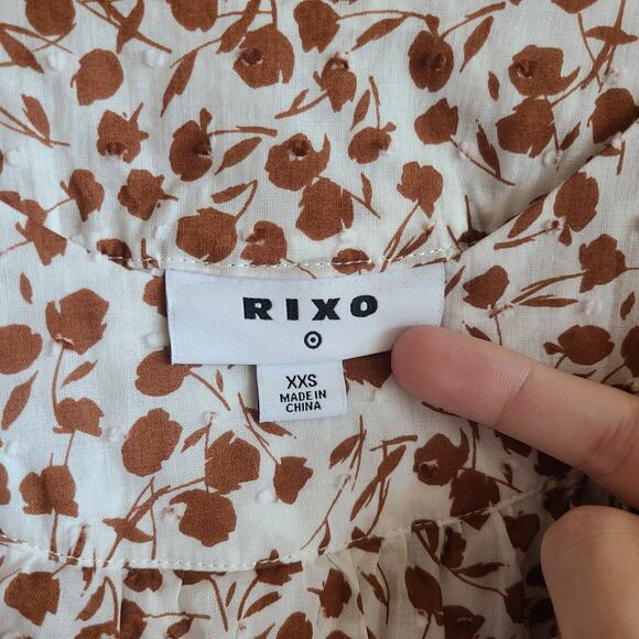Rixo Target Brown Boho Floral Ruffle Prairie Midi Dress Tie Waist Cottage XXS - Picture 4 of 5